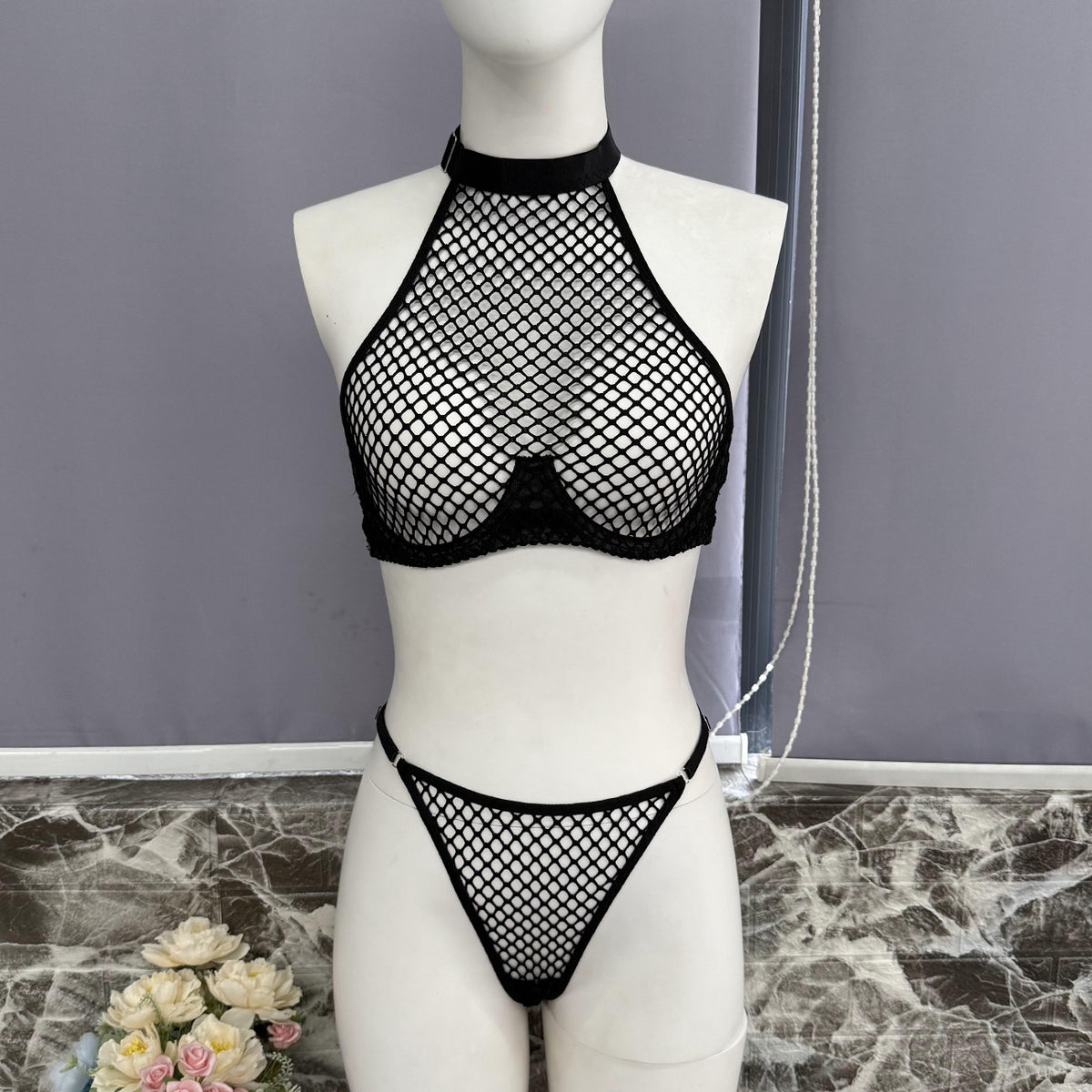 Sexy  Style Fishnet Black Lingerie Set for Women